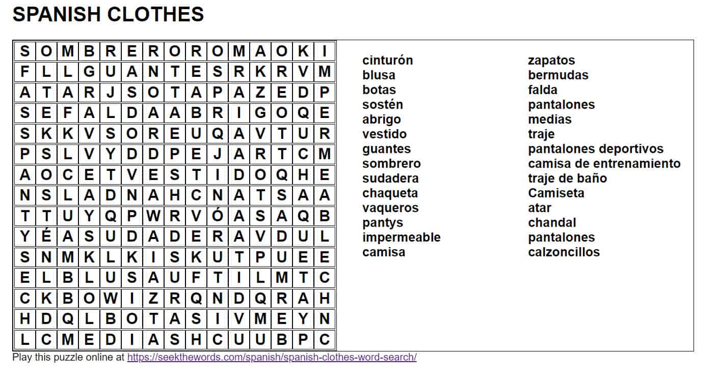 Spanish Clothes Word Search - Seek The Words