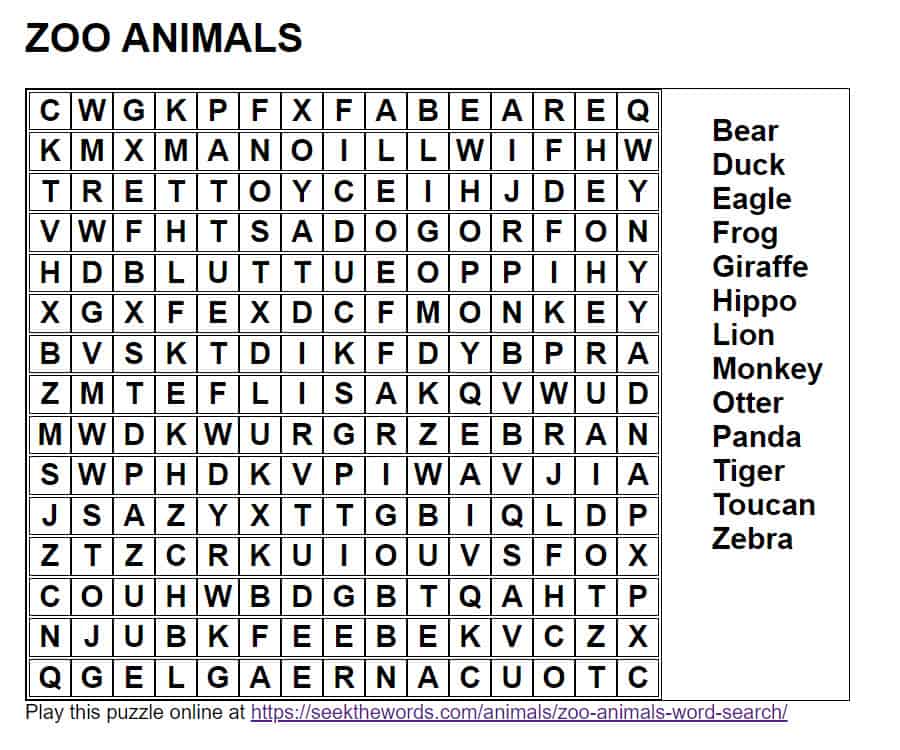 zoo animals Word Search | PDF Printable - Seek The Words