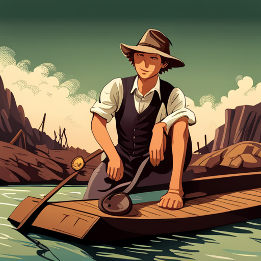 Huck Finn is sitting on his raft in the river.